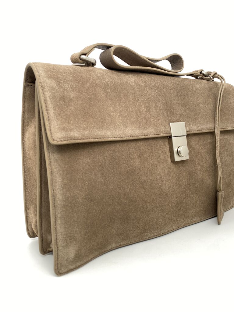 Taupe Suede Structured Bag with Clasp Closure