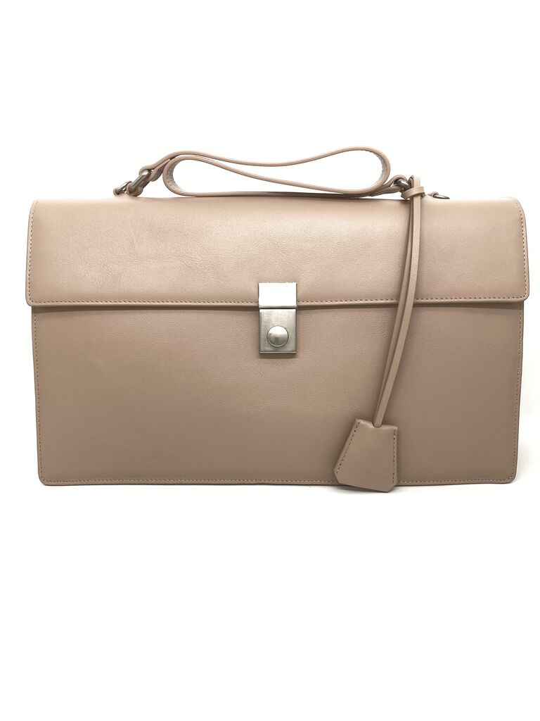 Neutral Structured Leather Briefcase with Silver Clasp