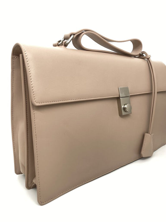 Neutral Structured Leather Briefcase with Silver Clasp