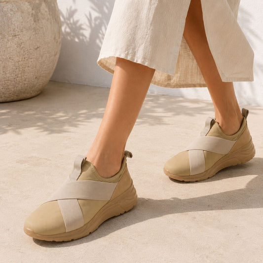 Beige Slip-On Sneakers with Wide Elastic Bands