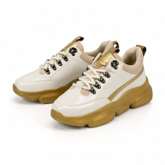 White and Gold Chunky Sneakers with Metallic Accents