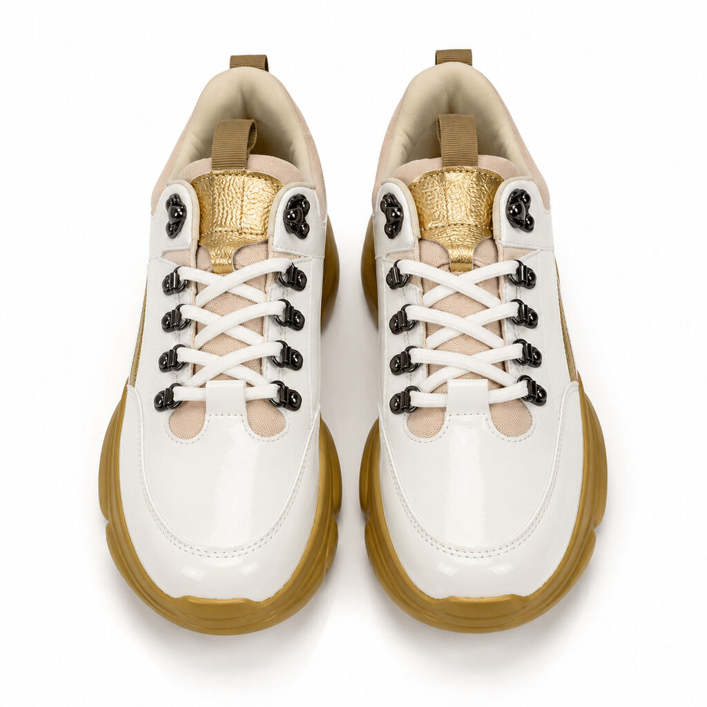 White and Gold Chunky Sneakers with Metallic Accents