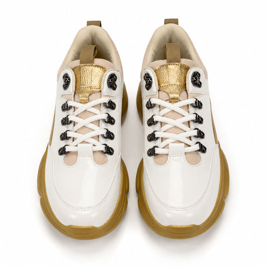 White and Gold Chunky Sneakers with Metallic Accents