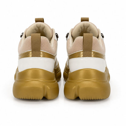 White and Gold Chunky Sneakers with Metallic Accents