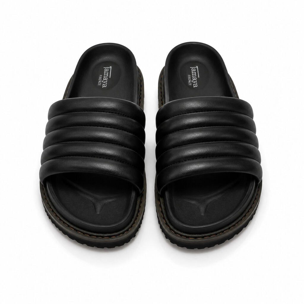 Black Quilted Slide Sandal with Cushioned Strap
