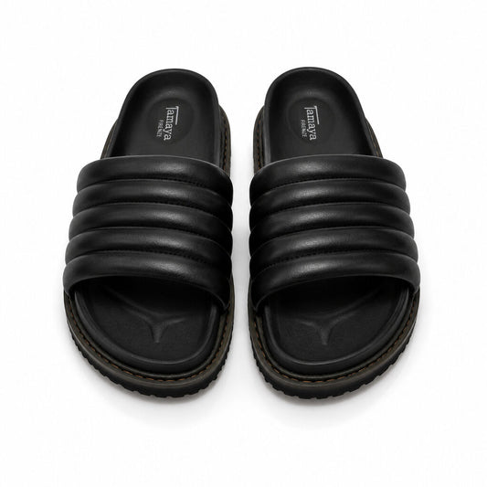 Black Quilted Slide Sandal with Cushioned Strap