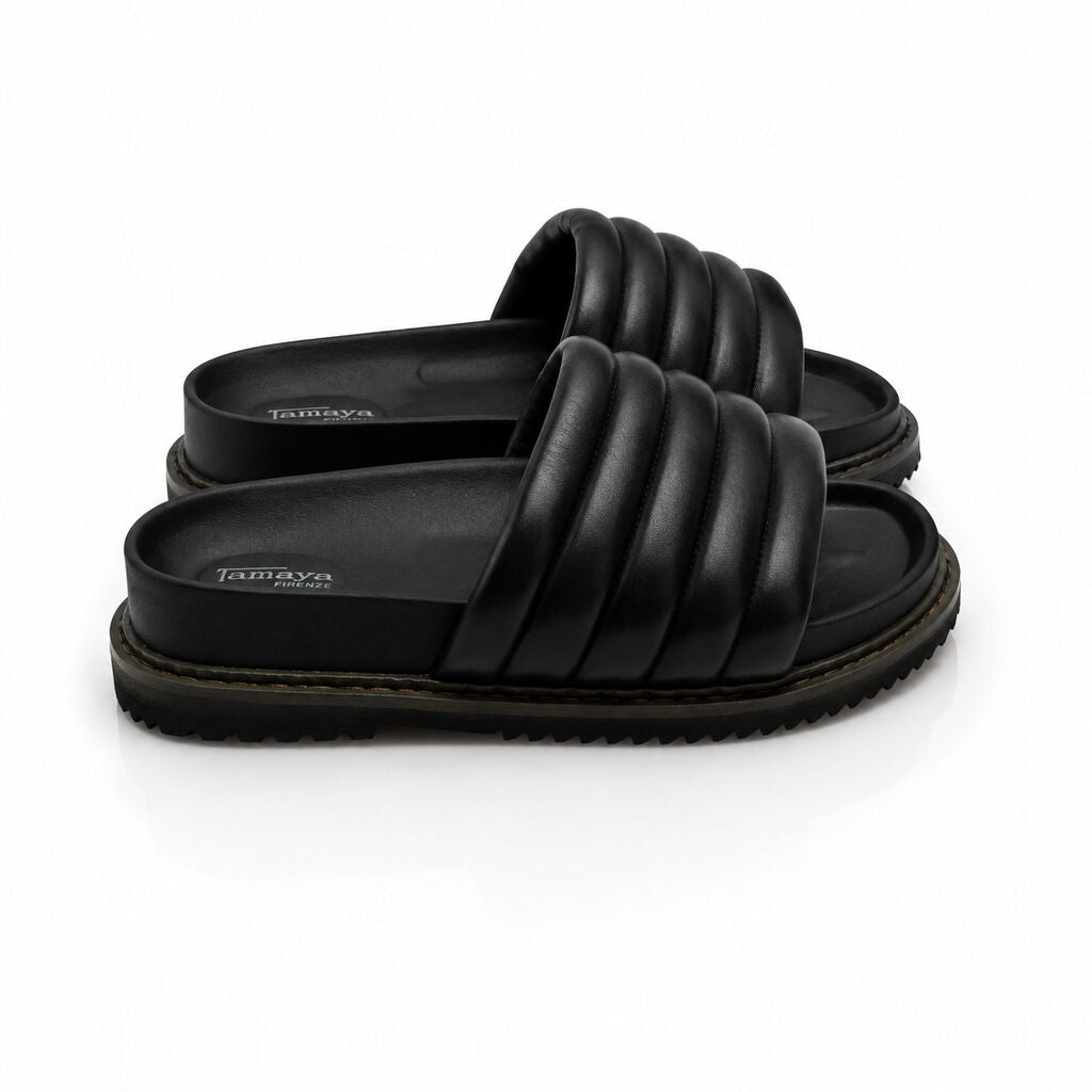 Black Quilted Slide Sandal with Cushioned Strap