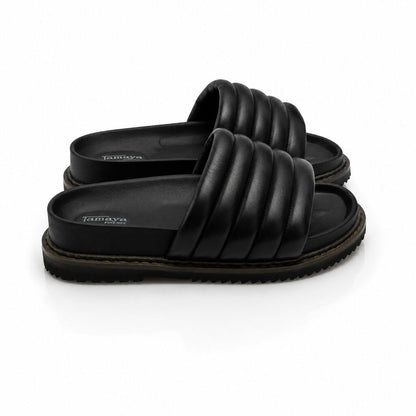 Black Quilted Slide Sandal with Cushioned Strap