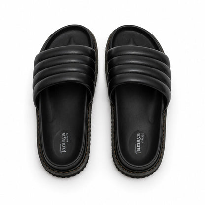 Black Quilted Slide Sandal with Cushioned Strap