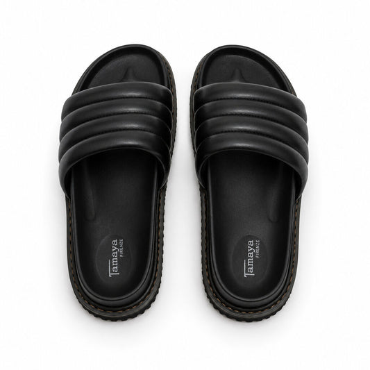 Black Quilted Slide Sandal with Cushioned Strap