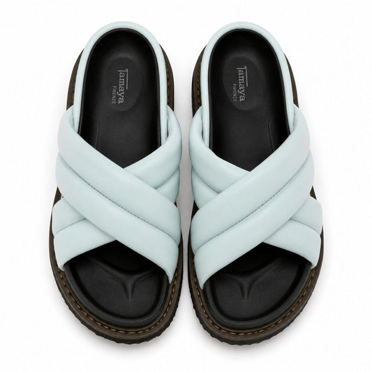 Light Blue Padded Slide Sandals with Crisscross Straps