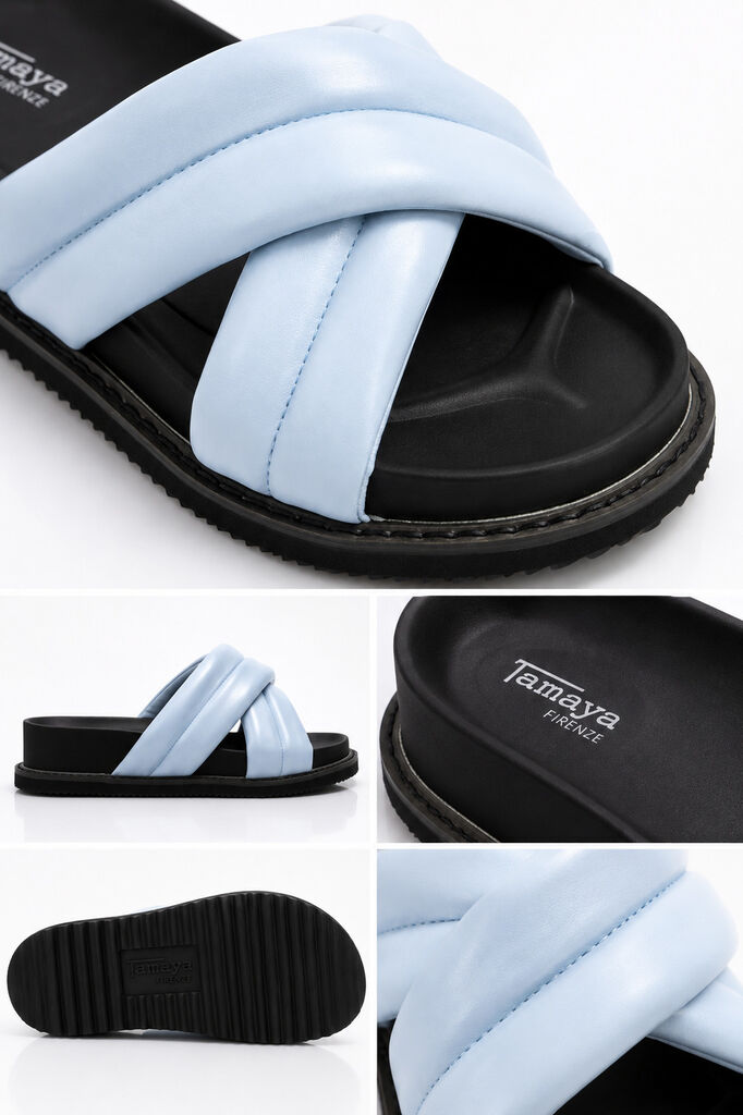 Light Blue Padded Slide Sandals with Crisscross Straps