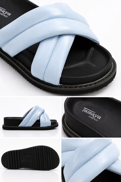 Light Blue Padded Slide Sandals with Crisscross Straps