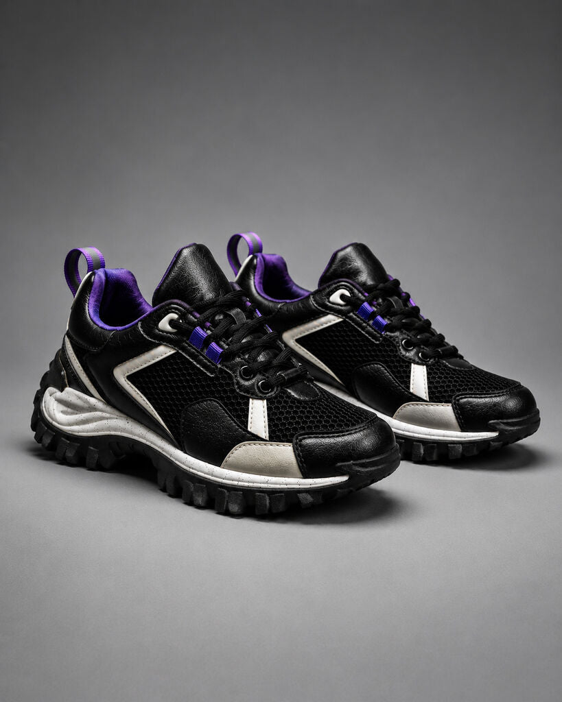 Black Mesh Trail Sneakers with Purple Accents
