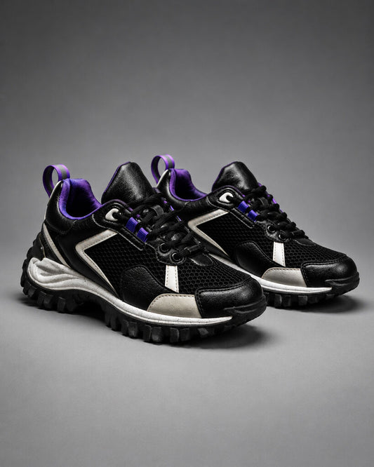 Black Mesh Trail Sneakers with Purple Accents