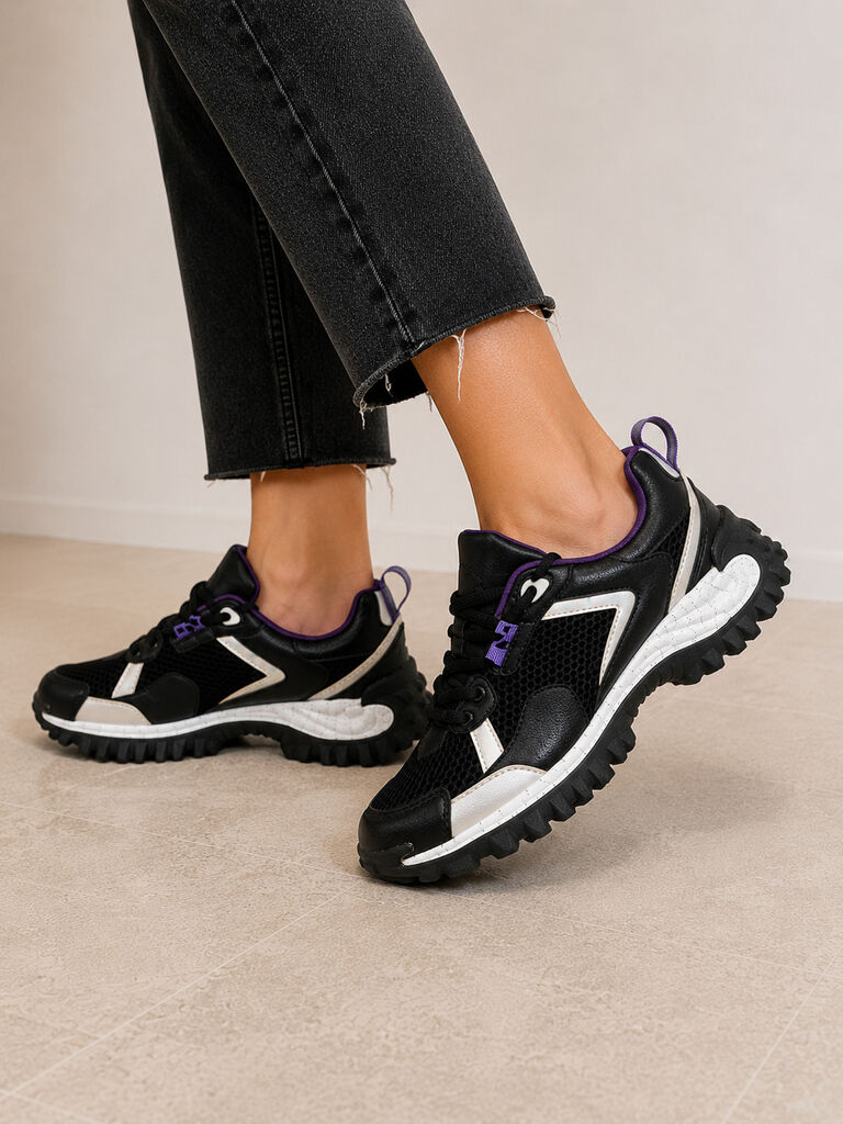 Black Mesh Trail Sneakers with Purple Accents