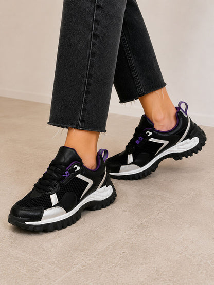 Black Mesh Trail Sneakers with Purple Accents