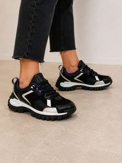 Black Mesh Trail Sneakers with Purple Accents