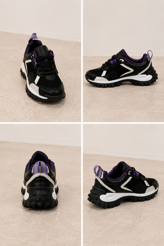 Black Mesh Trail Sneakers with Purple Accents