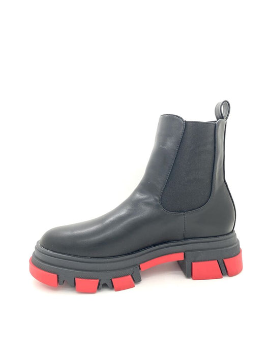 Black Chunky Sole Ankle Boot with Red Accents