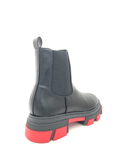 Black Chunky Sole Ankle Boot with Red Accents