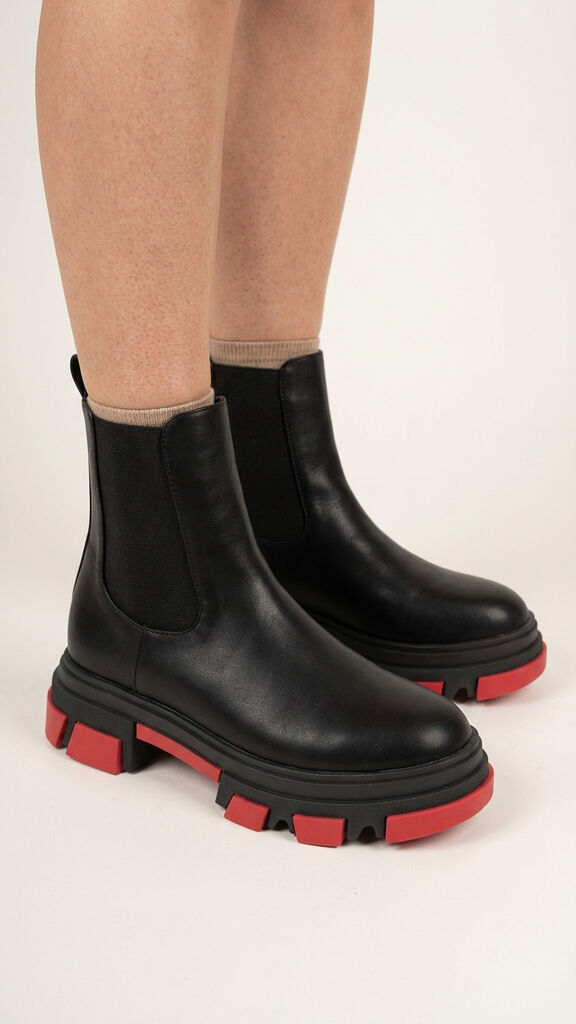 Black Chunky Sole Ankle Boot with Red Accents