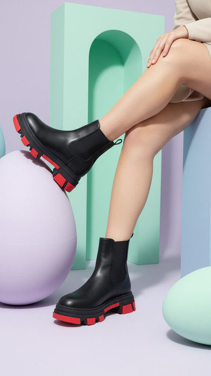 Black Chunky Sole Ankle Boot with Red Accents