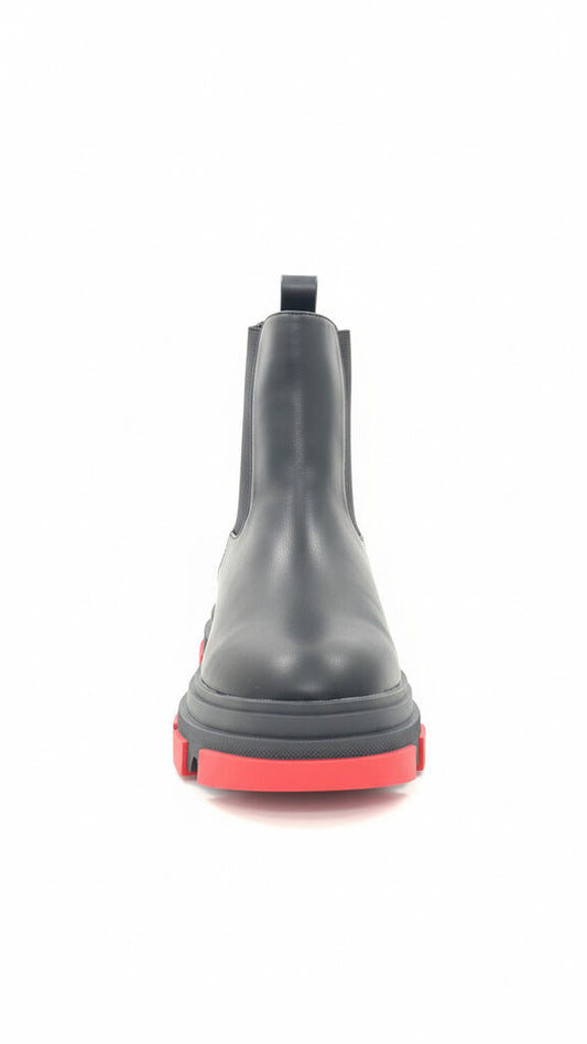 Black Chunky Sole Ankle Boot with Red Accents