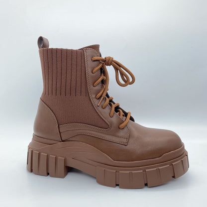 Brown Knit-Panel Chunky Lace-Up Boots