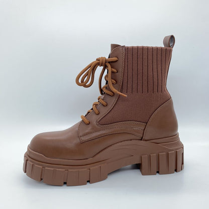 Brown Knit-Panel Chunky Lace-Up Boots