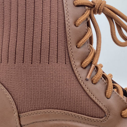 Brown Knit-Panel Chunky Lace-Up Boots