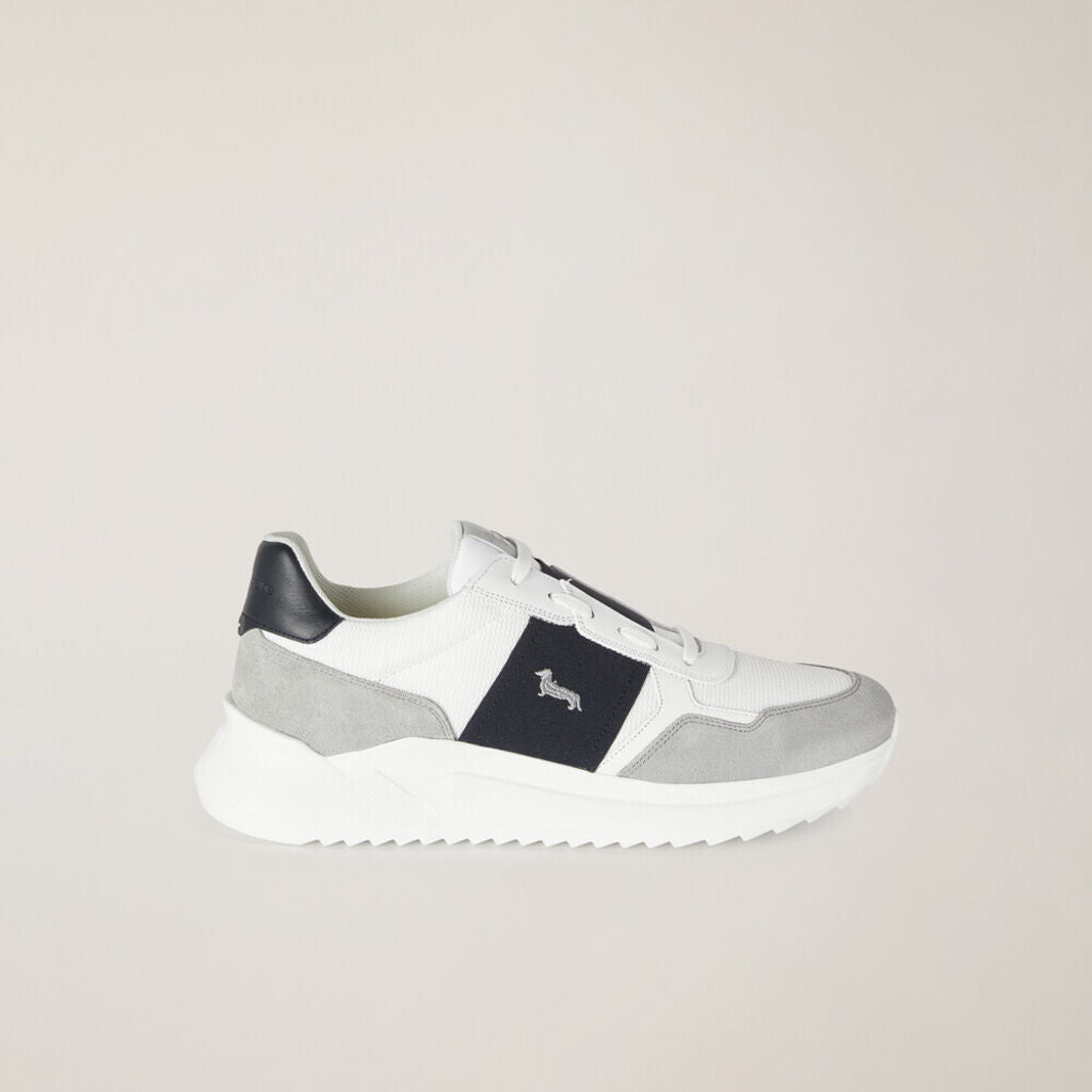 White and Grey Leather Panel Sneakers with Logo