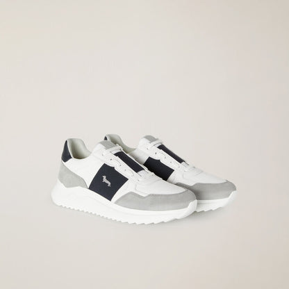White and Grey Leather Panel Sneakers with Logo