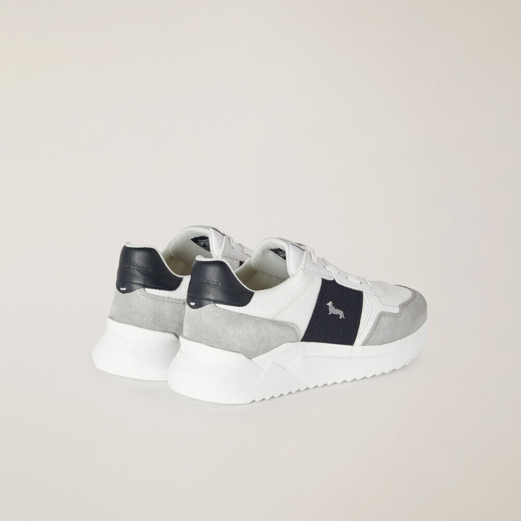 White and Grey Leather Panel Sneakers with Logo