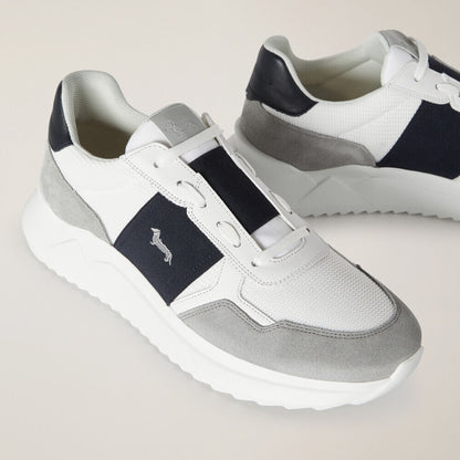 White and Grey Leather Panel Sneakers with Logo