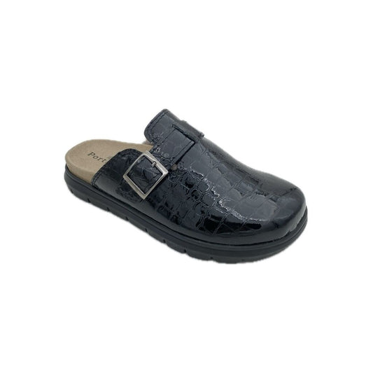 Black Embossed Mule with Buckle Detail