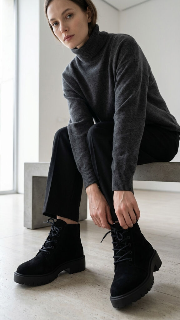Black Suede Ankle Boots with Lug Sole