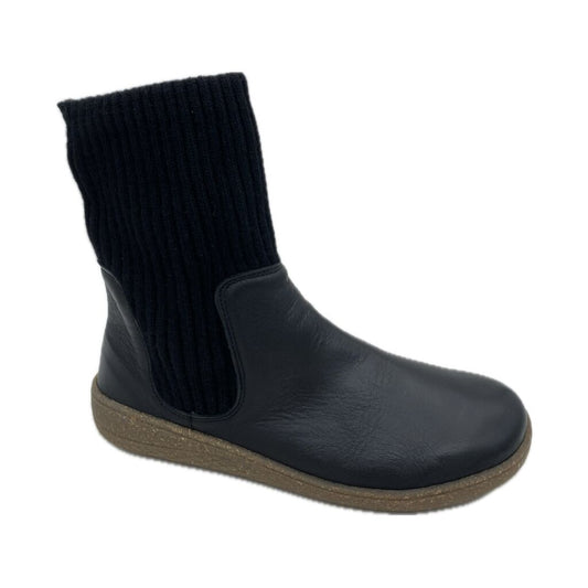 Black Knit-Top Ankle Boot with Low Heel