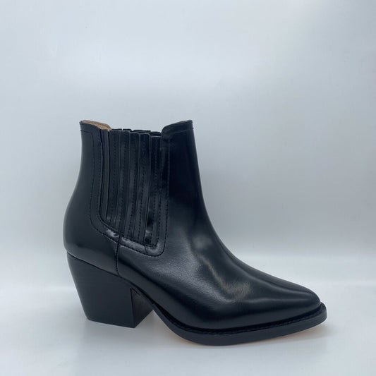Black Leather Ankle Boot with Stacked Heel