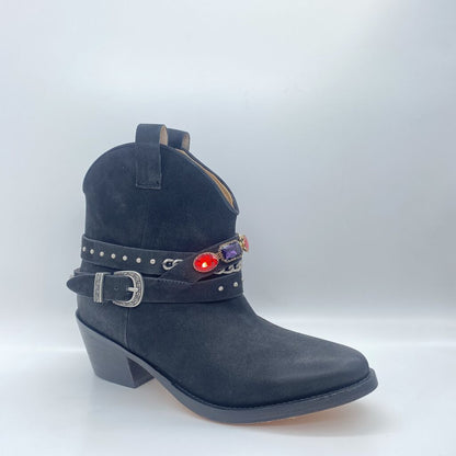Black Suede Ankle Boots with Embellished Strap