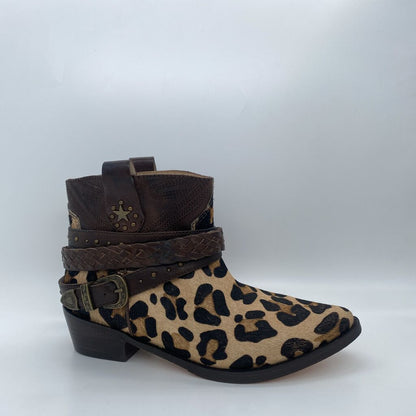 Leopard Print Leather Ankle Boots with Braided Strap