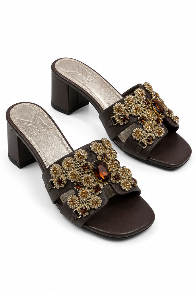 Heeled Mule Open-Toe Nappa BROWN