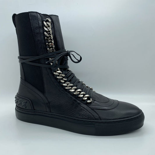 Black Textured High-Top Sneakers with Chain Detail
