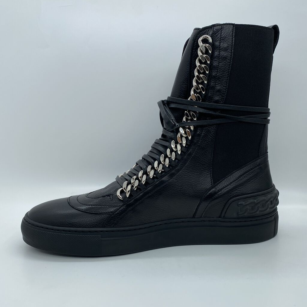 Black Textured High-Top Sneakers with Chain Detail