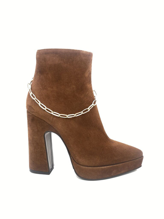Brown Suede Platform Ankle Boots with Chain Detail