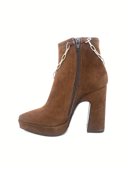 Brown Suede Platform Ankle Boots with Chain Detail