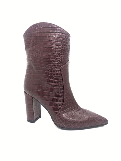 Burgundy Embossed Ankle Boot with Block Heel