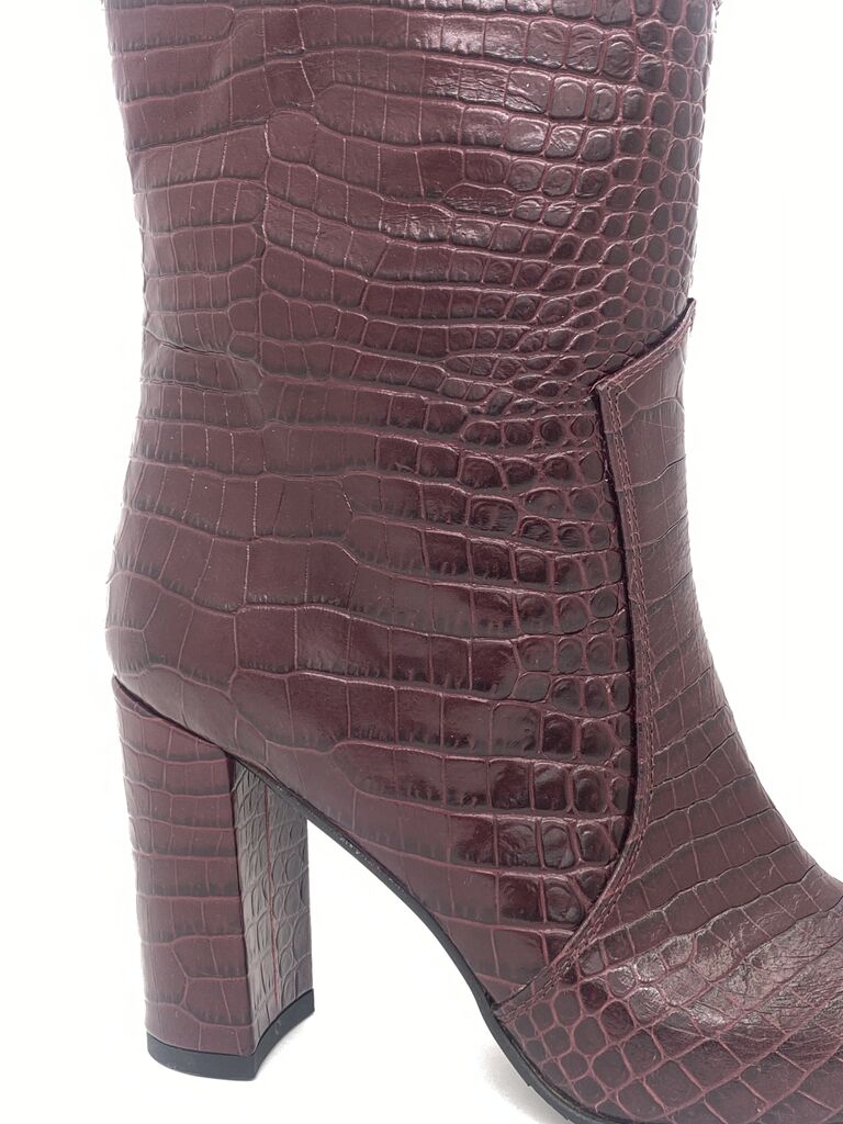 Burgundy Embossed Ankle Boot with Block Heel