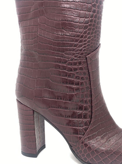 Burgundy Embossed Ankle Boot with Block Heel