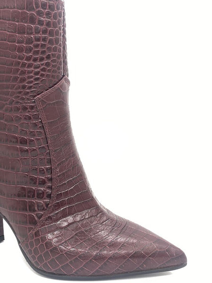 Burgundy Embossed Ankle Boot with Block Heel